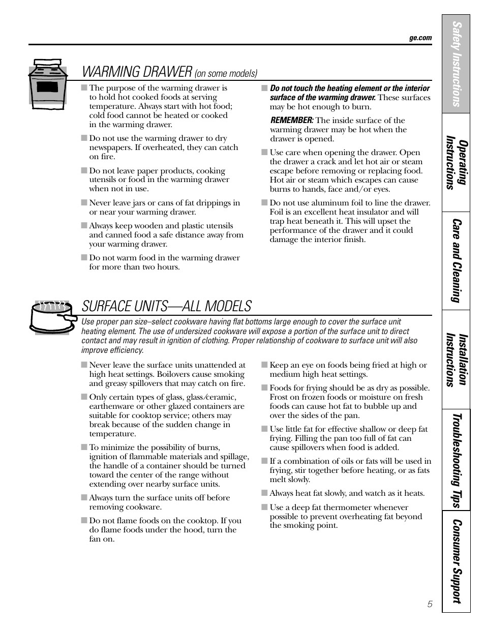 Surface units—all models, Warming drawer | Hotpoint JBP21 User Manual | Page 5 / 52