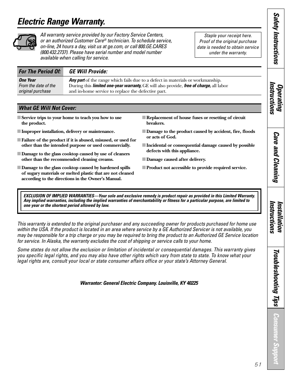 Warranty, Electric range warranty | Hotpoint JBP21 User Manual | Page 51 / 52