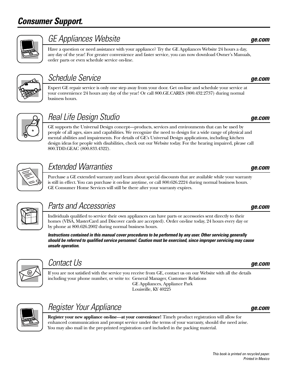 Consumer support, Consumer support . . . . .back cover, Consumer support. ge appliances website | Schedule service, Real life design studio, Extended warranties, Parts and accessories, Contact us, Register your appliance | Hotpoint JBP21 User Manual | Page 52 / 52