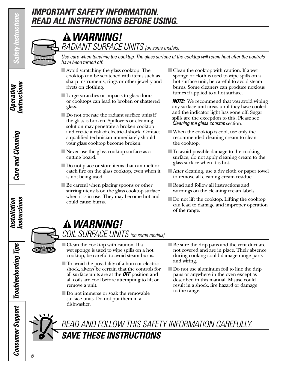 Warning, Radiant surface units, Coil surface units | Hotpoint JBP21 User Manual | Page 6 / 52