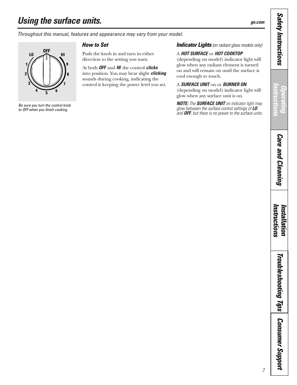 Surface units, Surface units , 8, Using the surface units | Hotpoint JBP21 User Manual | Page 7 / 52