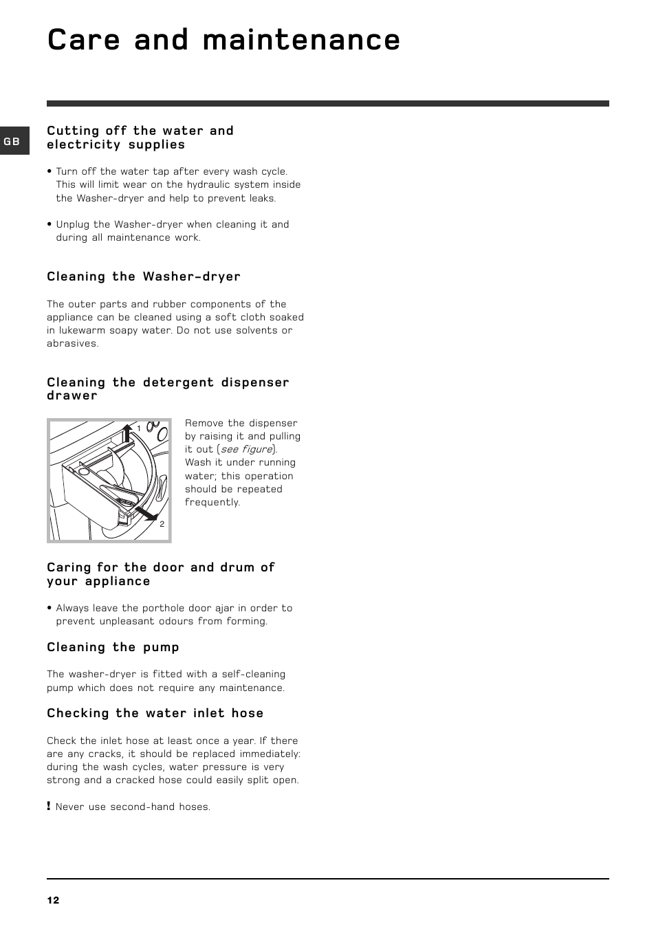 Care and maintenance | Hotpoint WDF740A User Manual | Page 12 / 16