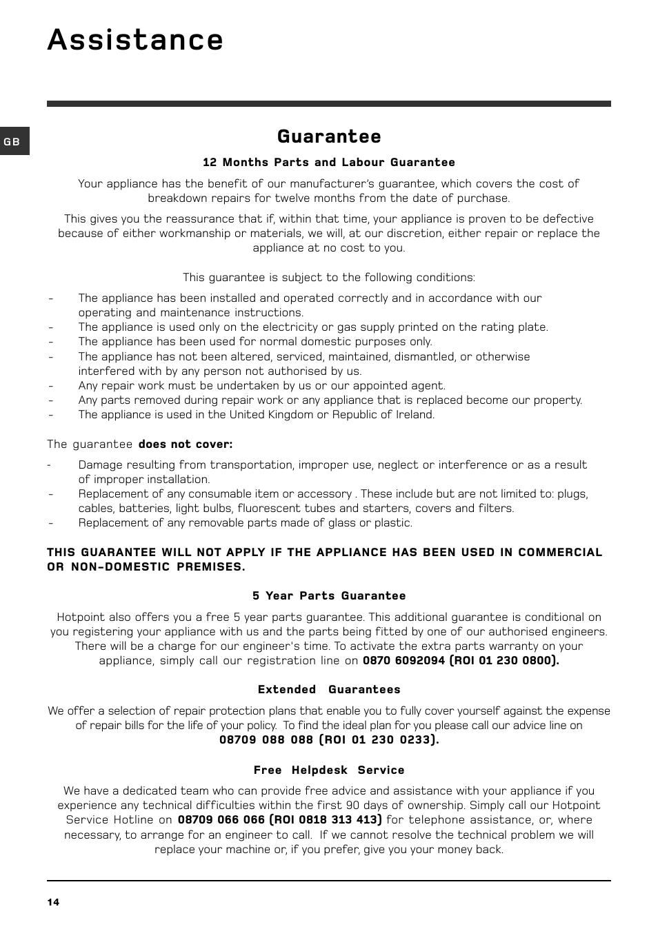 Assistance, Guarantee | Hotpoint WDF740A User Manual | Page 14 / 16