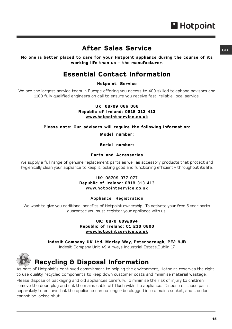 After sales service, Essential contact information, Recycling & disposal information | Hotpoint WDF740A User Manual | Page 15 / 16