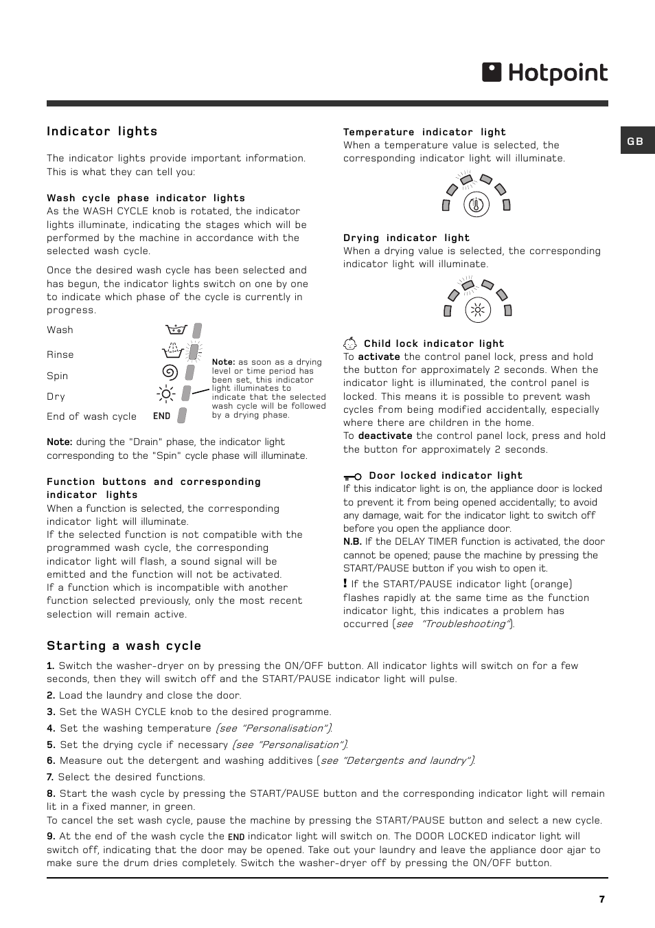 Indicator lights, Starting a wash cycle | Hotpoint WDF740A User Manual | Page 7 / 16