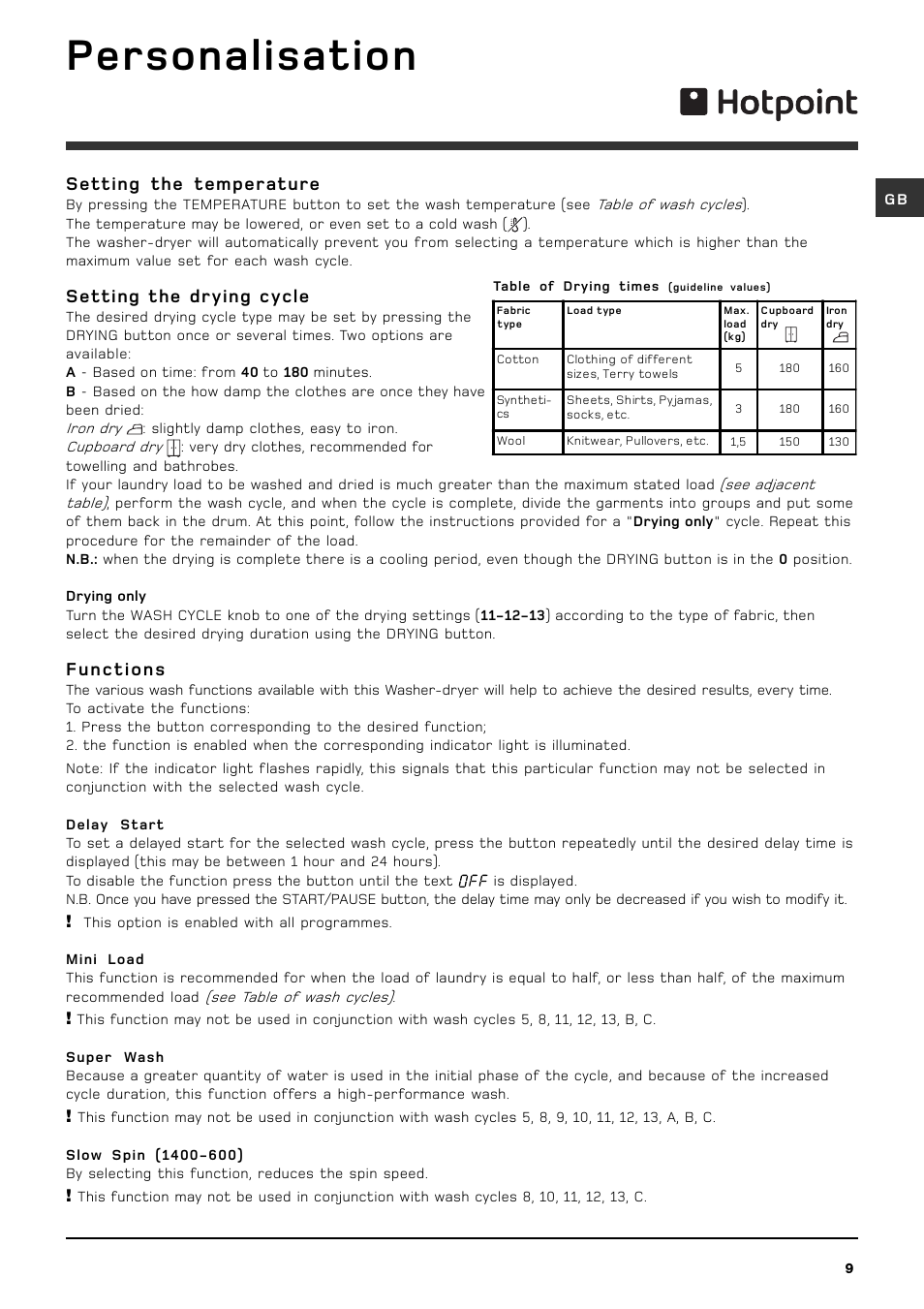 Personalisation, Setting the temperature, Setting the drying cycle | Functions | Hotpoint WDF740A User Manual | Page 9 / 16