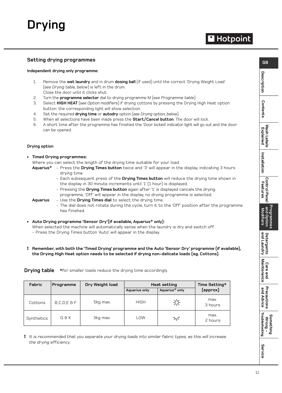 Drying, Setting drying programmes, Drying table | Hotpoint WD420 User Manual | Page 11 / 24