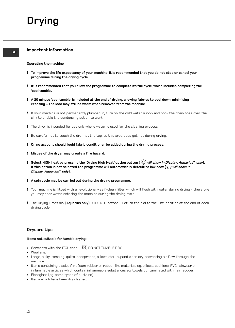 Drying, Important information, Drycare tips | Hotpoint WD420 User Manual | Page 12 / 24