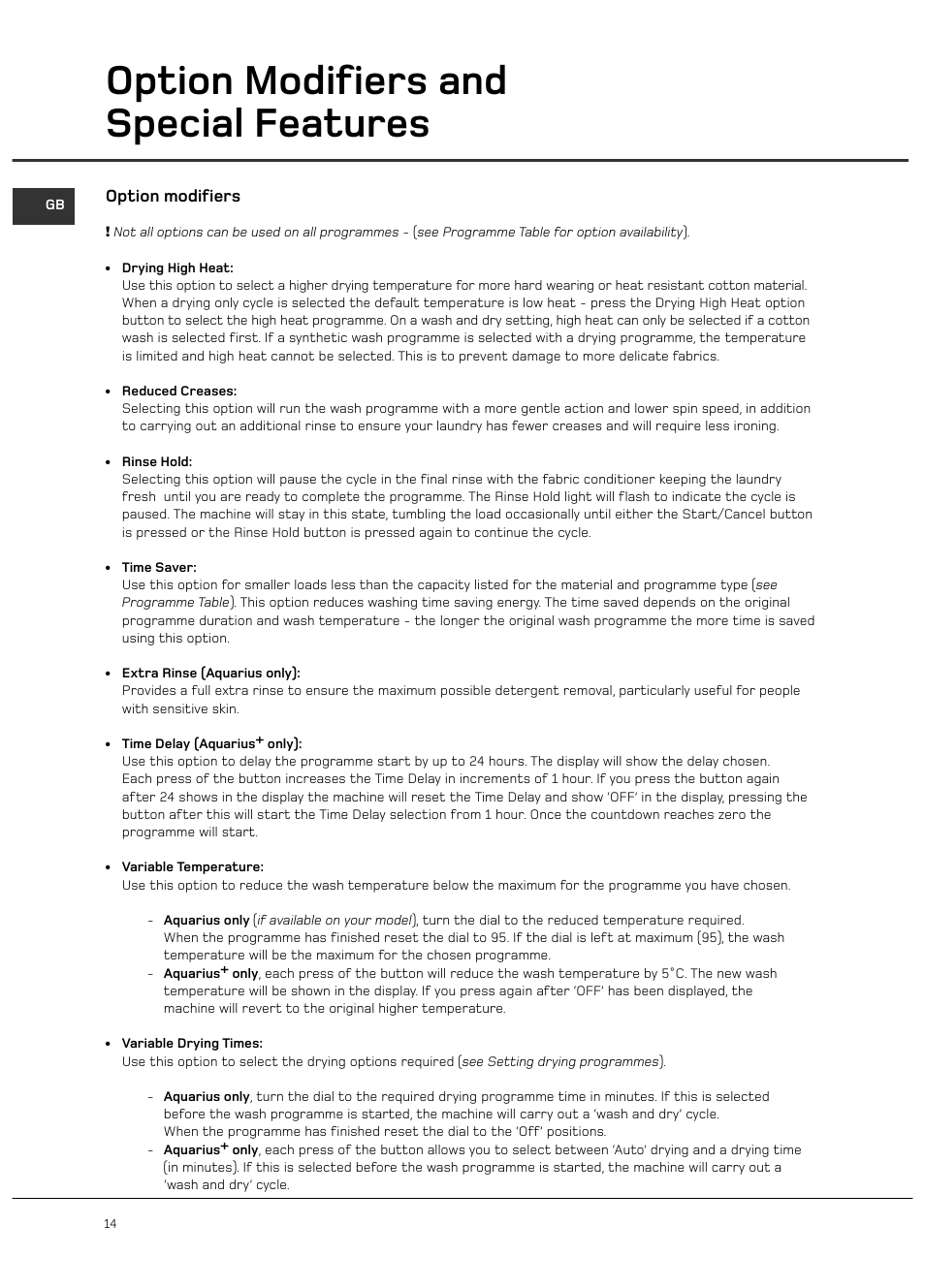 Option modifiers and special features, Option modifiers | Hotpoint WD420 User Manual | Page 14 / 24