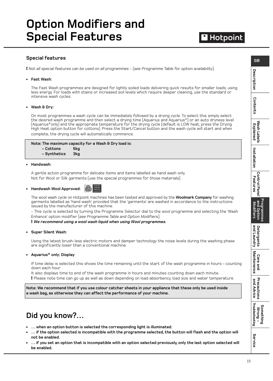 Option modifiers and special features, Did you know, Special features | Hotpoint WD420 User Manual | Page 15 / 24