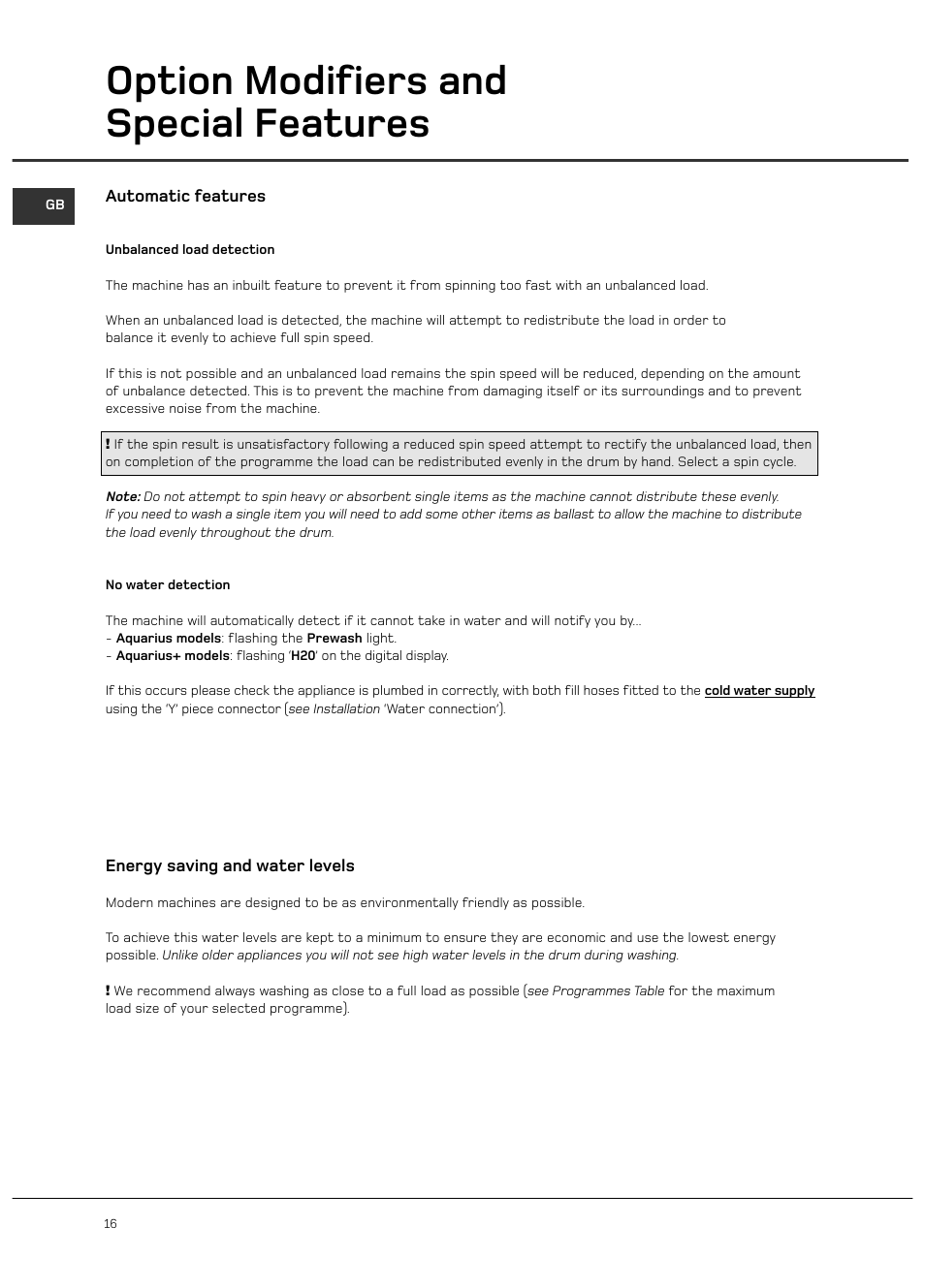 Option modifiers and special features | Hotpoint WD420 User Manual | Page 16 / 24