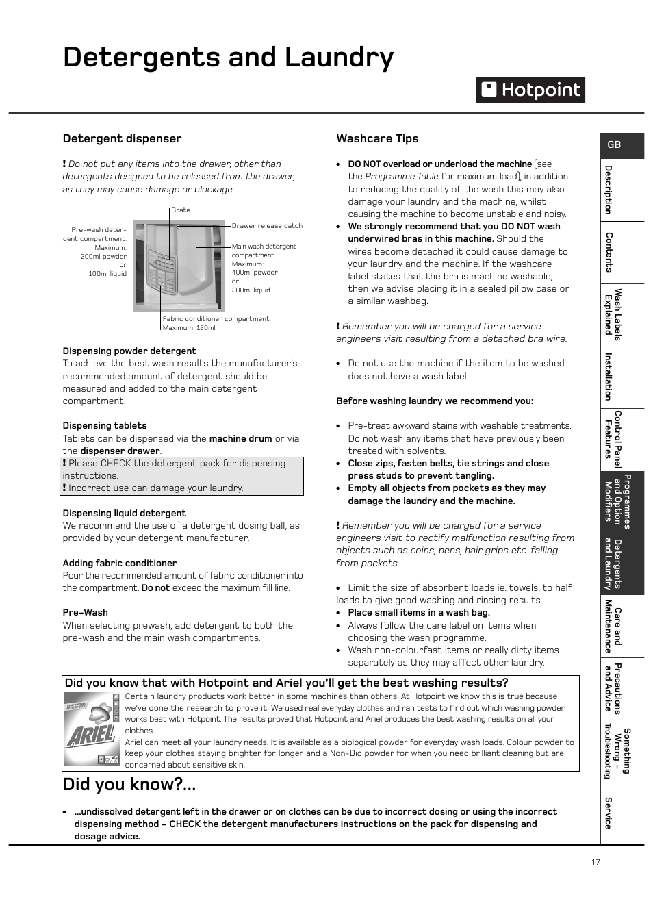 Detergents and laundry, Did you know, Detergent dispenser | Washcare tips | Hotpoint WD420 User Manual | Page 17 / 24