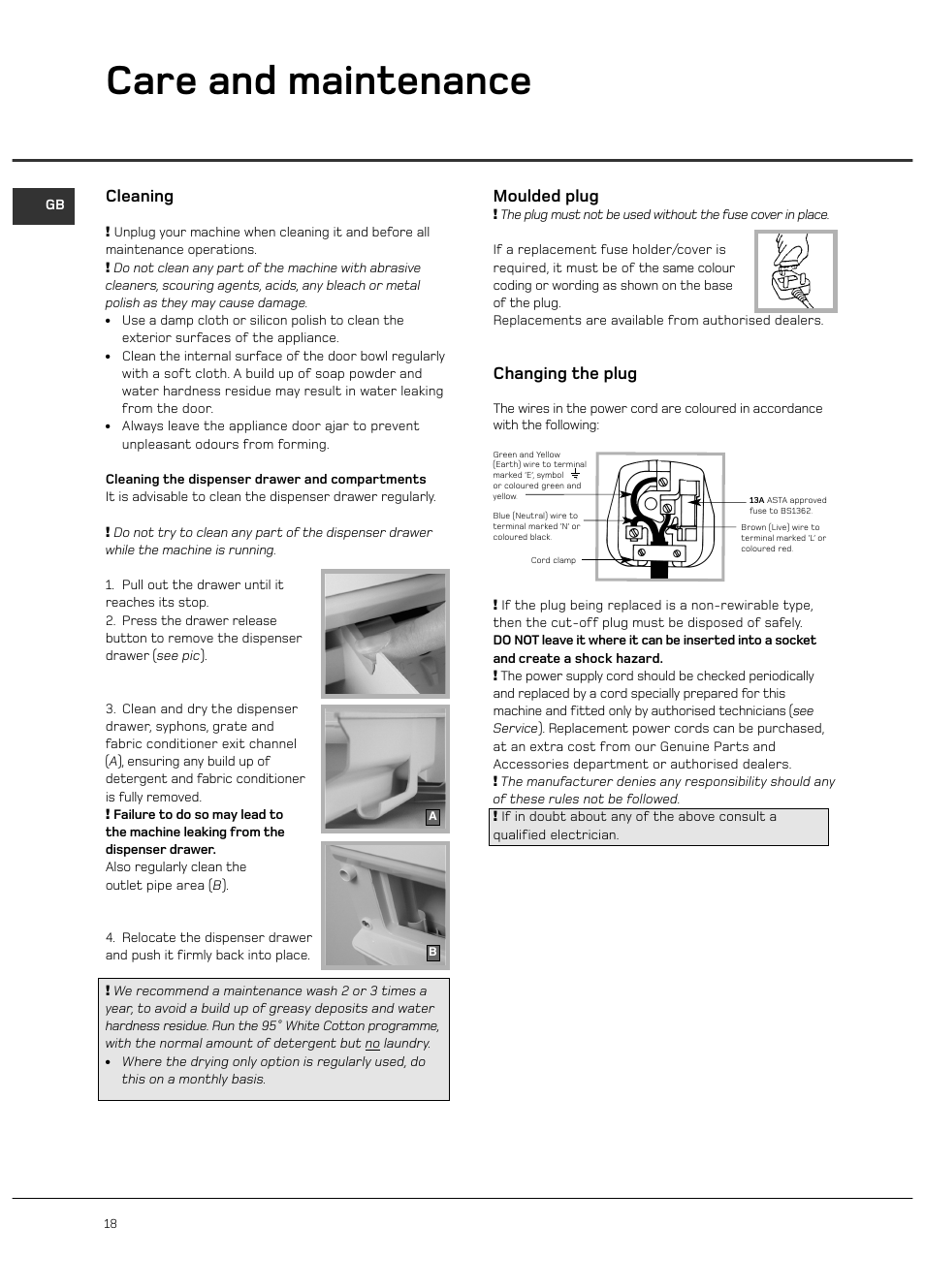 Care and maintenance, Cleaning, Changing the plug | Moulded plug | Hotpoint WD420 User Manual | Page 18 / 24