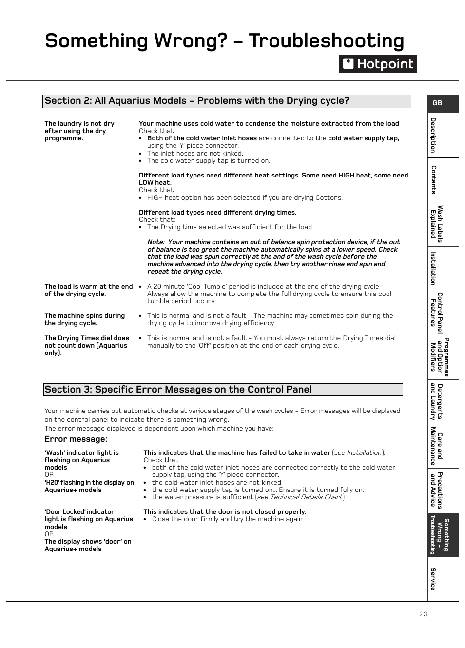 Something wrong? - troubleshooting, Error message | Hotpoint WD420 User Manual | Page 23 / 24