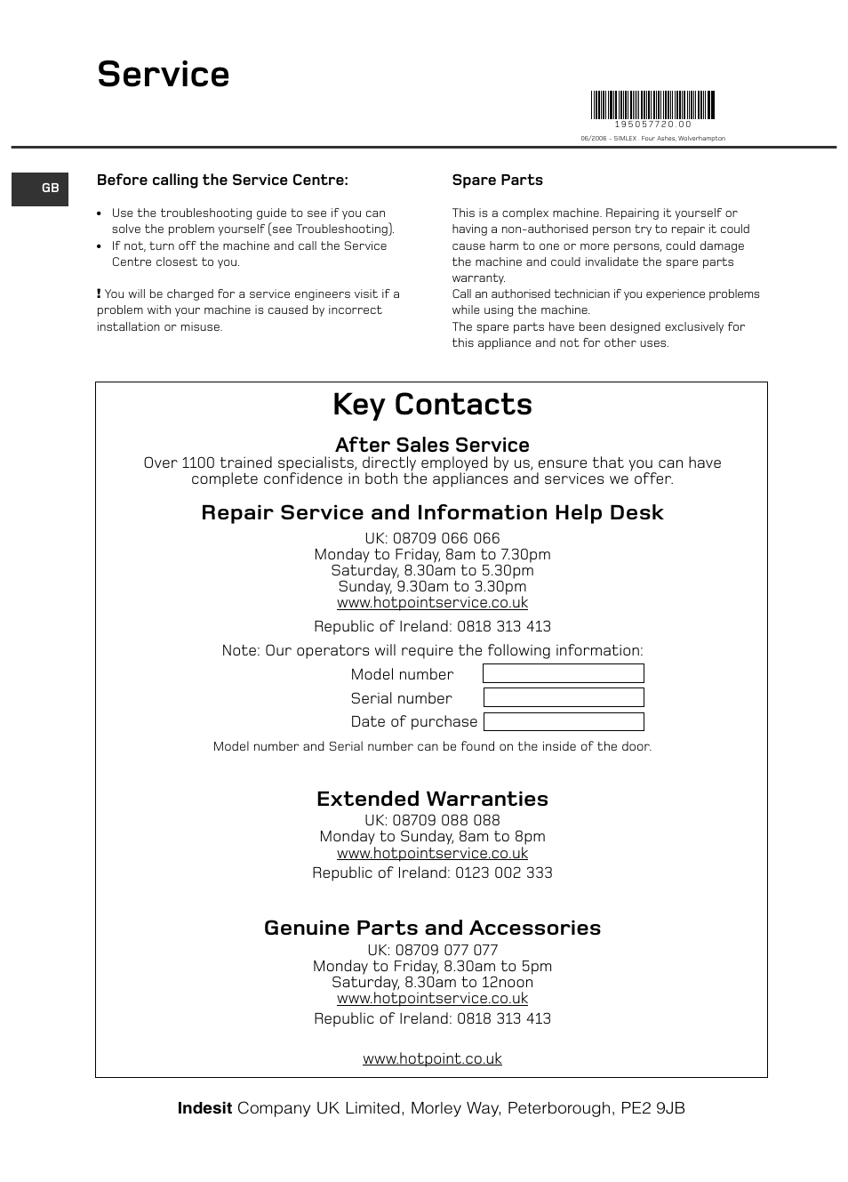 Service, Key contacts, After sales service | Repair service and information help desk, Extended warranties, Genuine parts and accessories | Hotpoint WD420 User Manual | Page 24 / 24