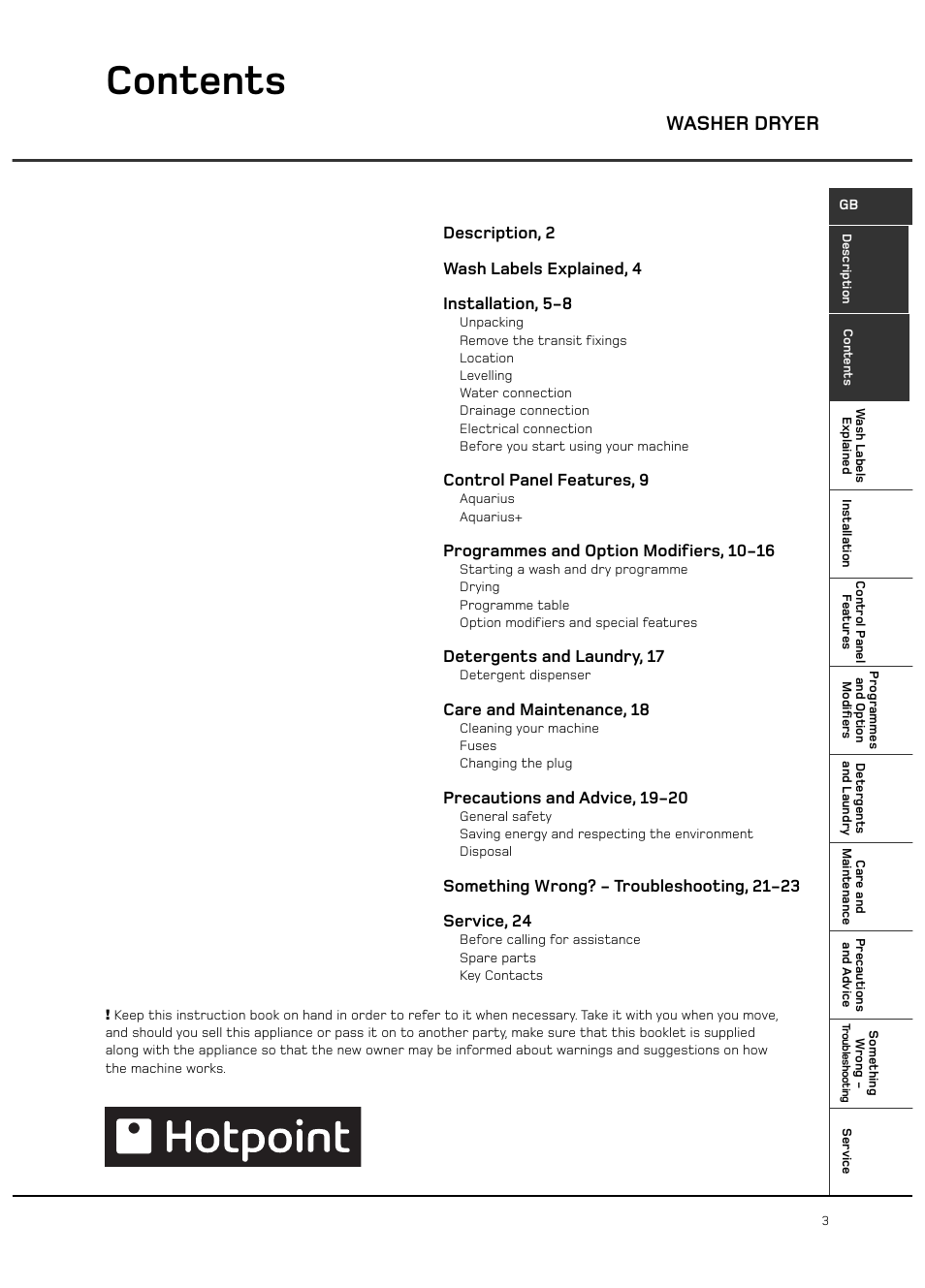 Hotpoint WD420 User Manual | Page 3 / 24