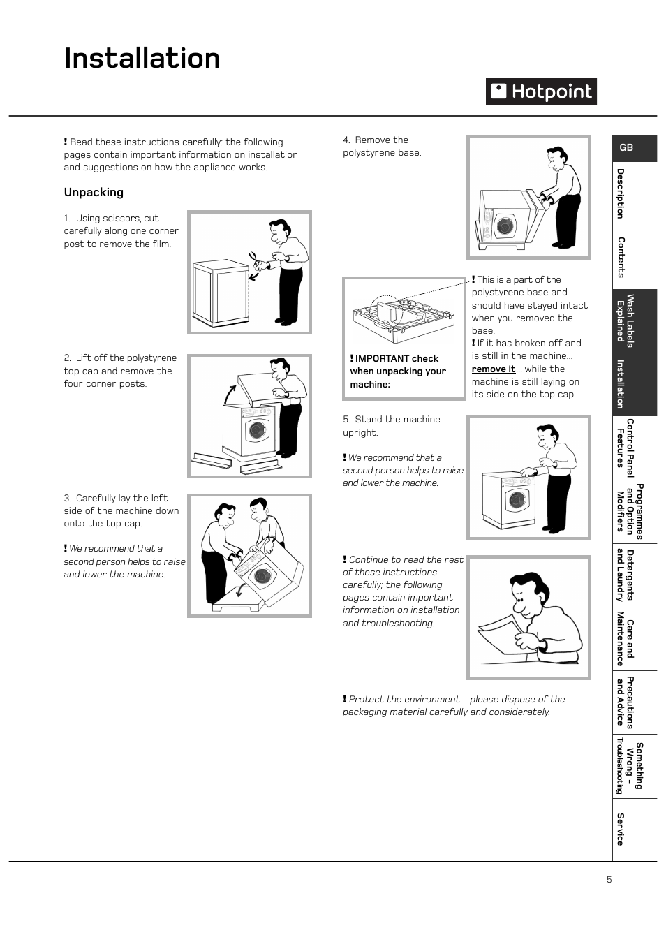 Installation, Unpacking | Hotpoint WD420 User Manual | Page 5 / 24