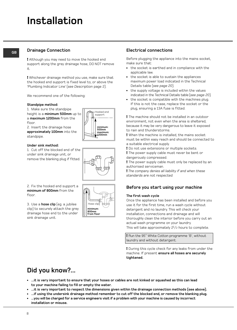 Installation, Did you know, Drainage connection | Electrical connections, Before you start using your machine | Hotpoint WD420 User Manual | Page 8 / 24