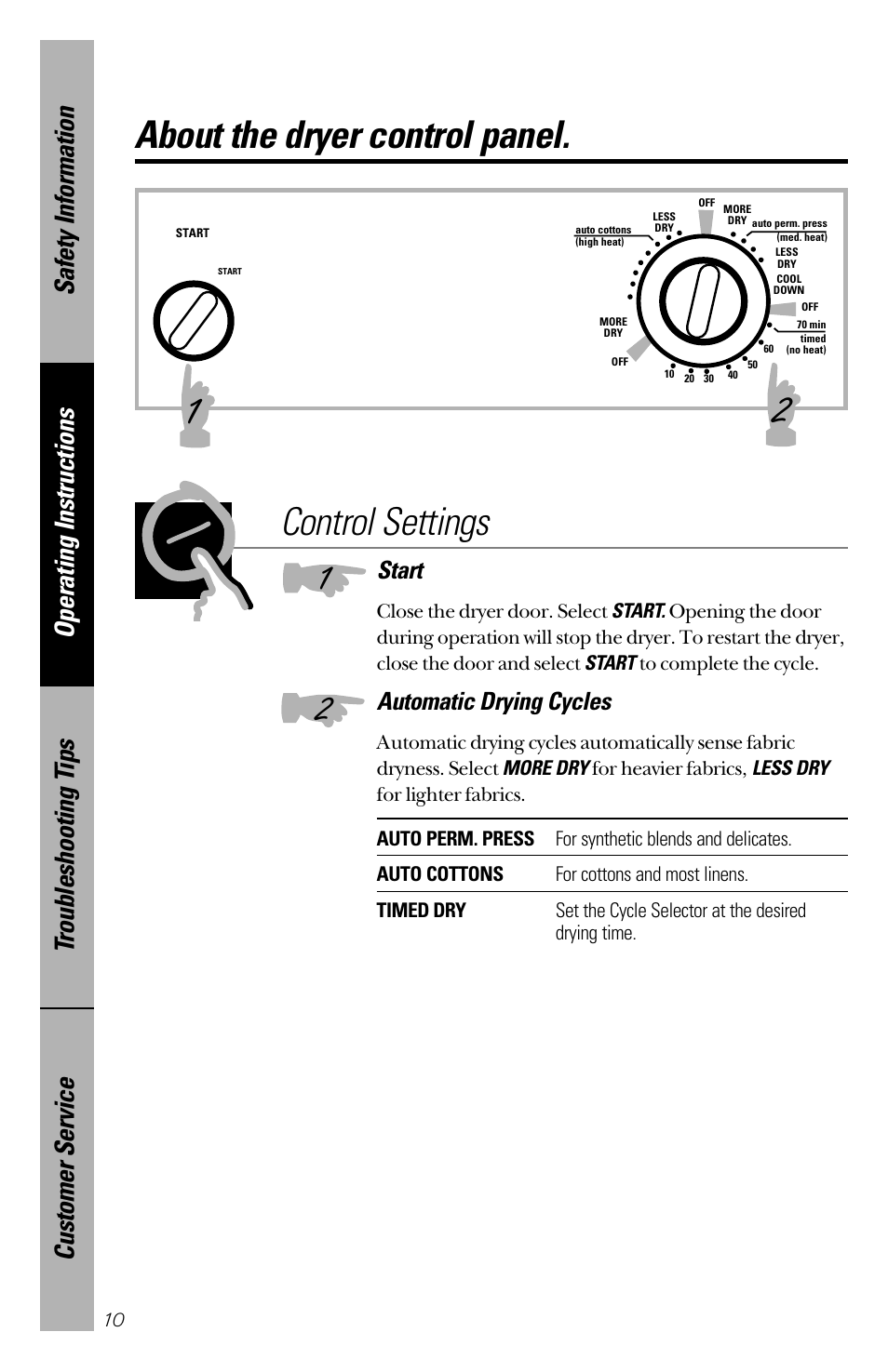 Control panel, Control settings, Control panel control settings | About the dryer control panel, Start, Automatic drying cycles | Hotpoint NVLR333GT User Manual | Page 10 / 16