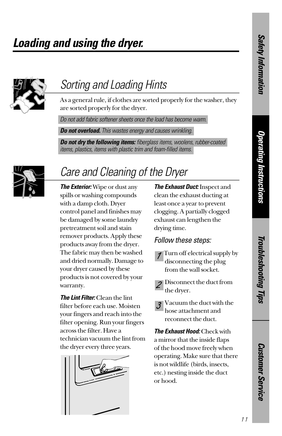 Loading and using the dryer, Care and cleaning of the dryer, Sorting and loading hints | Hotpoint NVLR333GT User Manual | Page 11 / 16