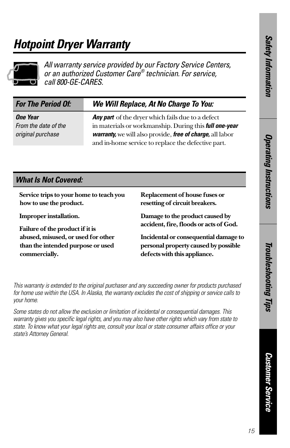 Warranty, Hotpoint dryer warranty, Technician. for service, call 800-ge-cares | What is not covered | Hotpoint NVLR333GT User Manual | Page 15 / 16