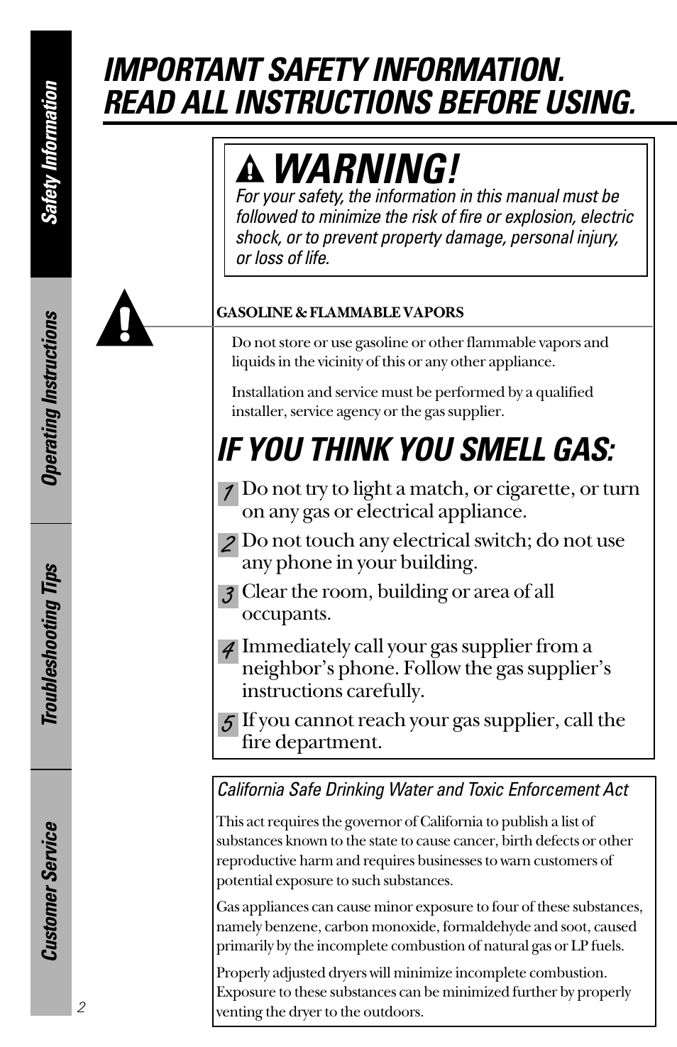 Safety information, Warning, If you think you smell gas | Hotpoint NVLR333GT User Manual | Page 2 / 16