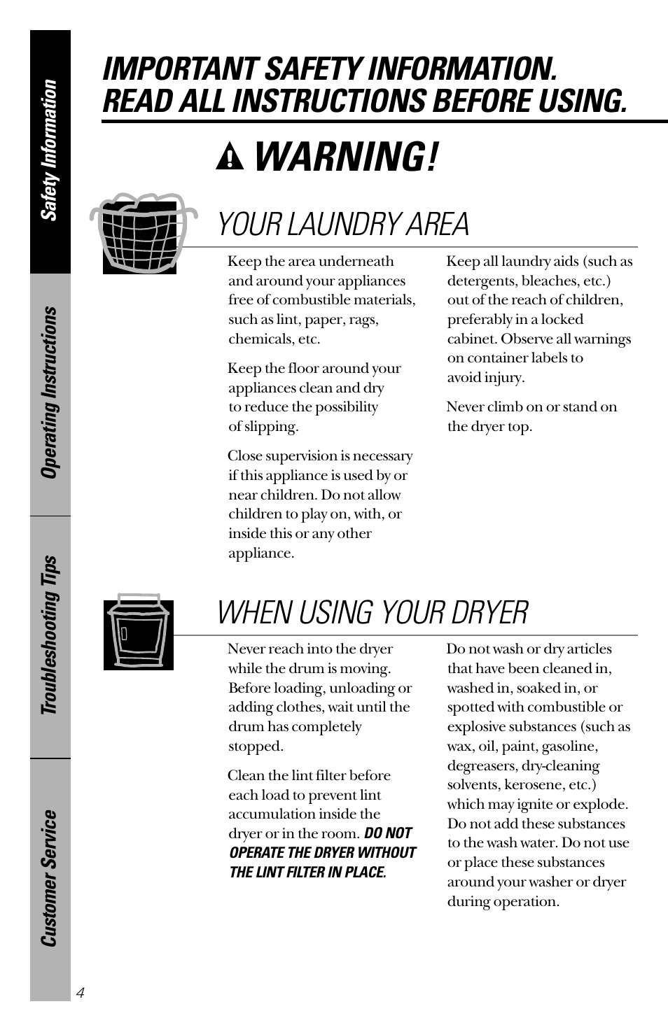 Warning, Your laundry area, When using your dryer | Hotpoint NVLR333GT User Manual | Page 4 / 16