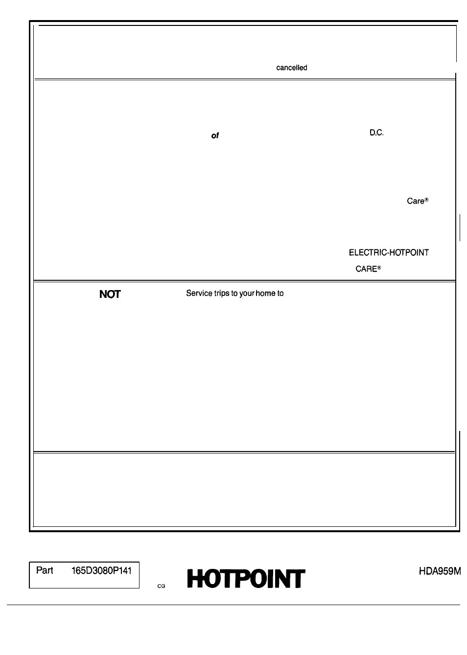 Warranty, Back cover, Your hotpoint dishwasher | What is covered | Hotpoint HDA959M User Manual | Page 18 / 18