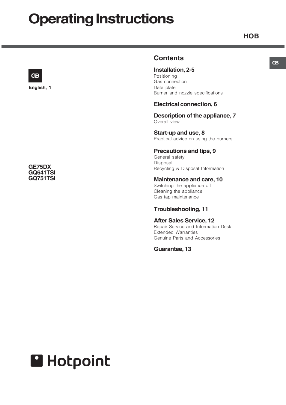 Hotpoint GE75DX User Manual | 16 pages