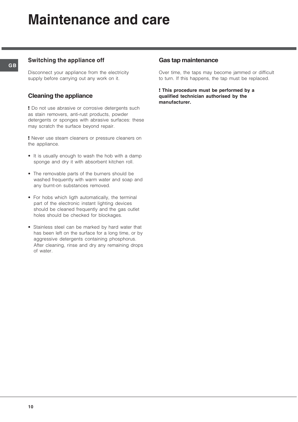 Maintenance and care | Hotpoint GE75DX User Manual | Page 10 / 16