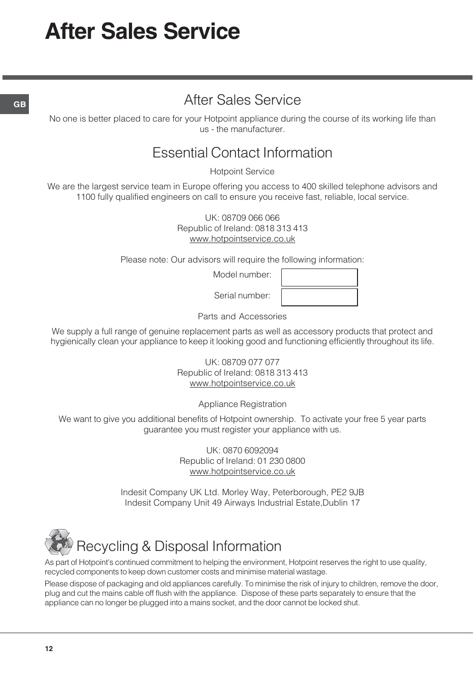 After sales service, Essential contact information, Recycling & disposal information | Hotpoint GE75DX User Manual | Page 12 / 16