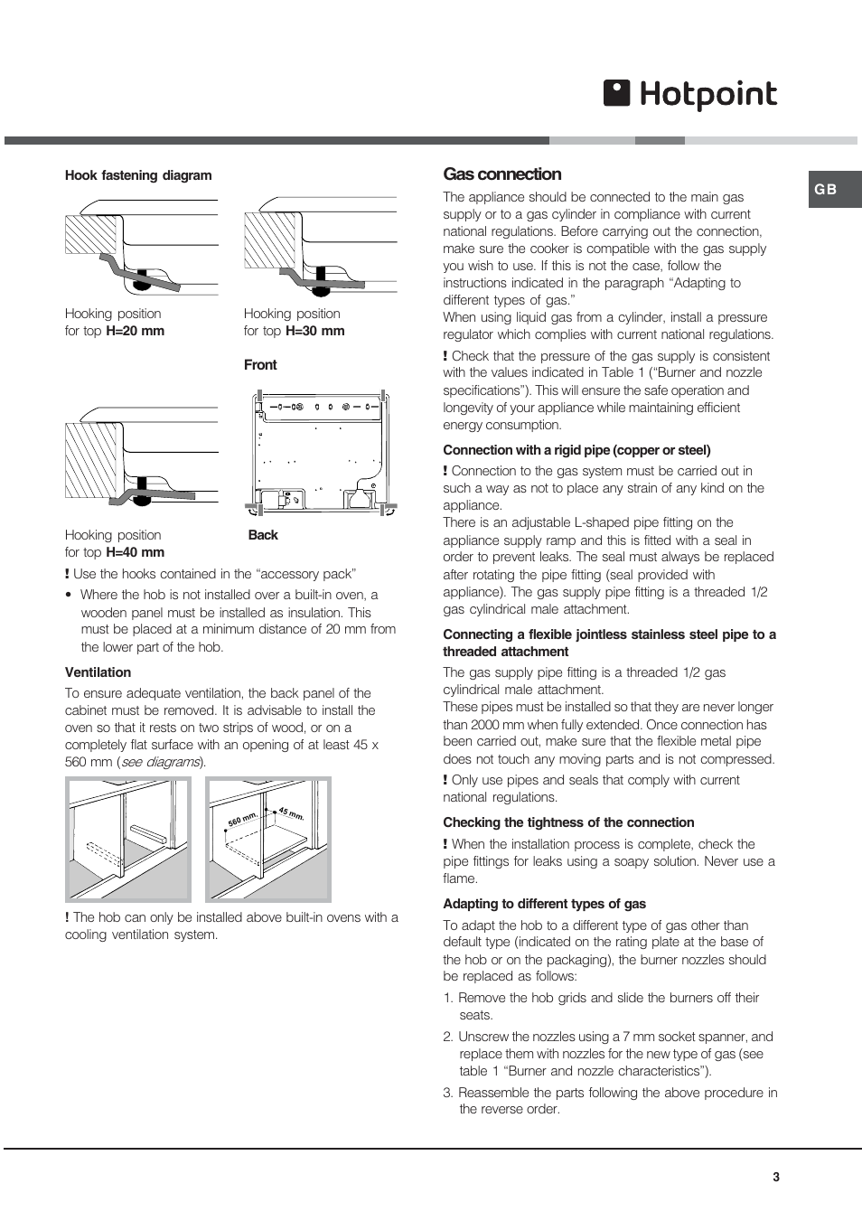 Gas connection | Hotpoint GE75DX User Manual | Page 3 / 16