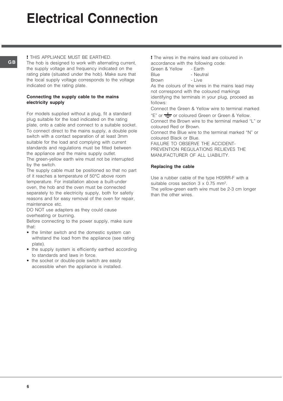 Electrical connection | Hotpoint GE75DX User Manual | Page 6 / 16