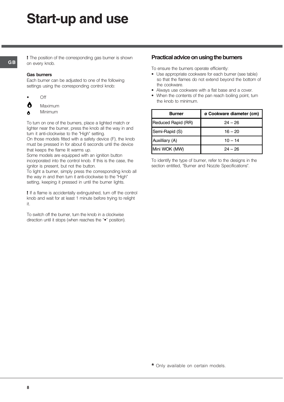 Start-up and use | Hotpoint GE75DX User Manual | Page 8 / 16