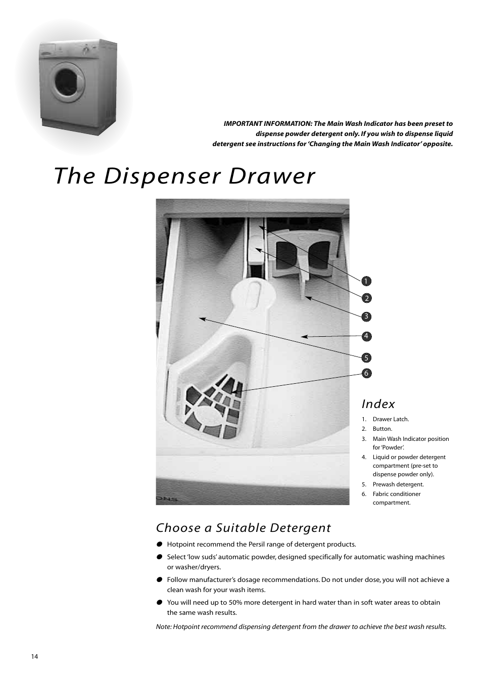 The dispenser drawer, Choose a suitable detergent, Index | Hotpoint WM51 User Manual | Page 14 / 20