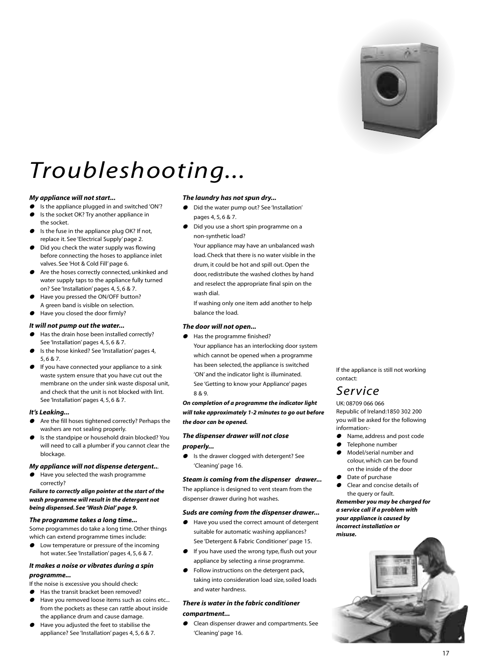 Troubleshooting, Service | Hotpoint WM51 User Manual | Page 17 / 20