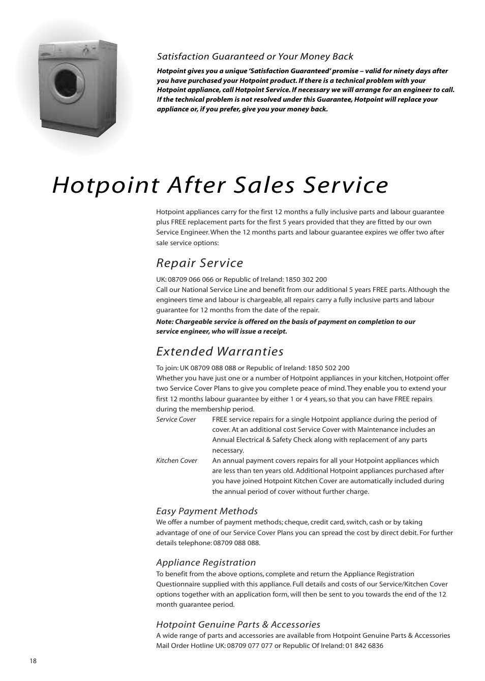 Hotpoint after sales service, Repair service, Extended warranties | Hotpoint WM51 User Manual | Page 18 / 20