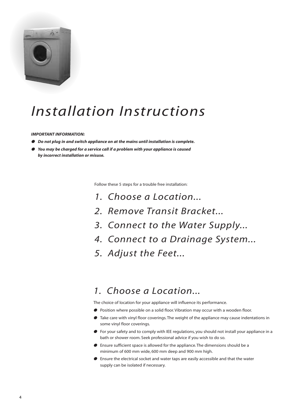 Installation instructions, Choose a location | Hotpoint WM51 User Manual | Page 4 / 20