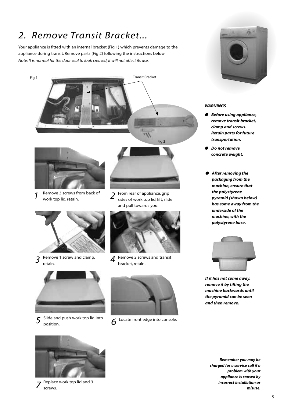 Remove transit bracket | Hotpoint WM51 User Manual | Page 5 / 20