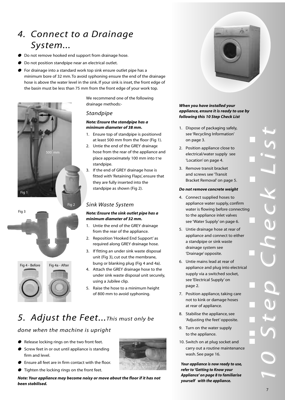 10 st, 10 st ep ep c c heck list heck list, Connect to a drainage system | Adjust the feet | Hotpoint WM51 User Manual | Page 7 / 20