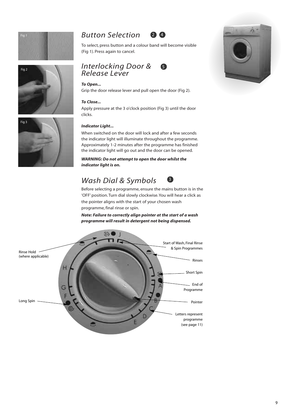 Button selection, Interlocking door & release lever, Wash dial & symbols | Hotpoint WM51 User Manual | Page 9 / 20