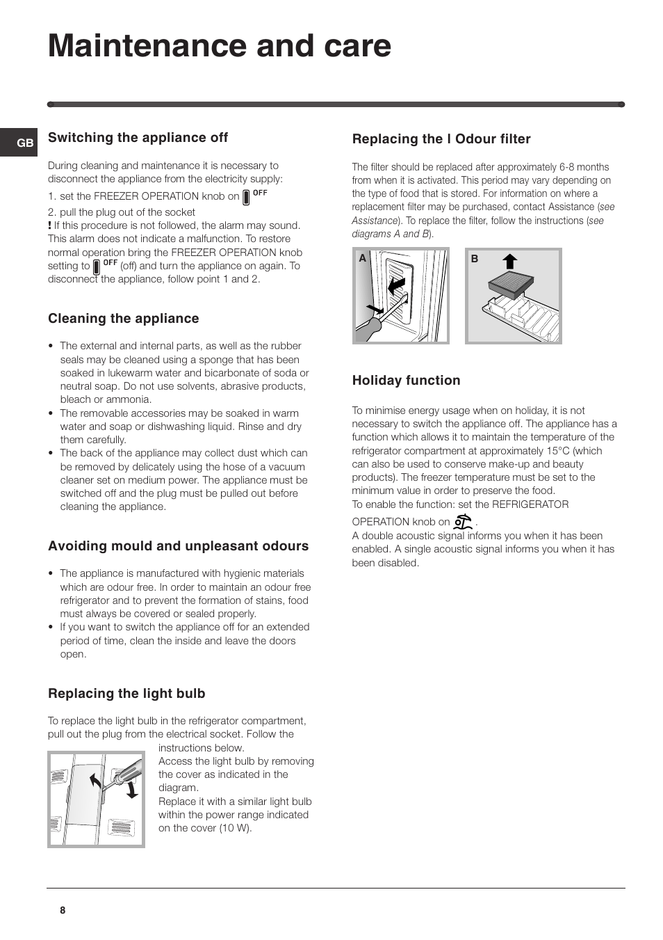 Maintenance and care | Hotpoint FF40X User Manual | Page 8 / 12