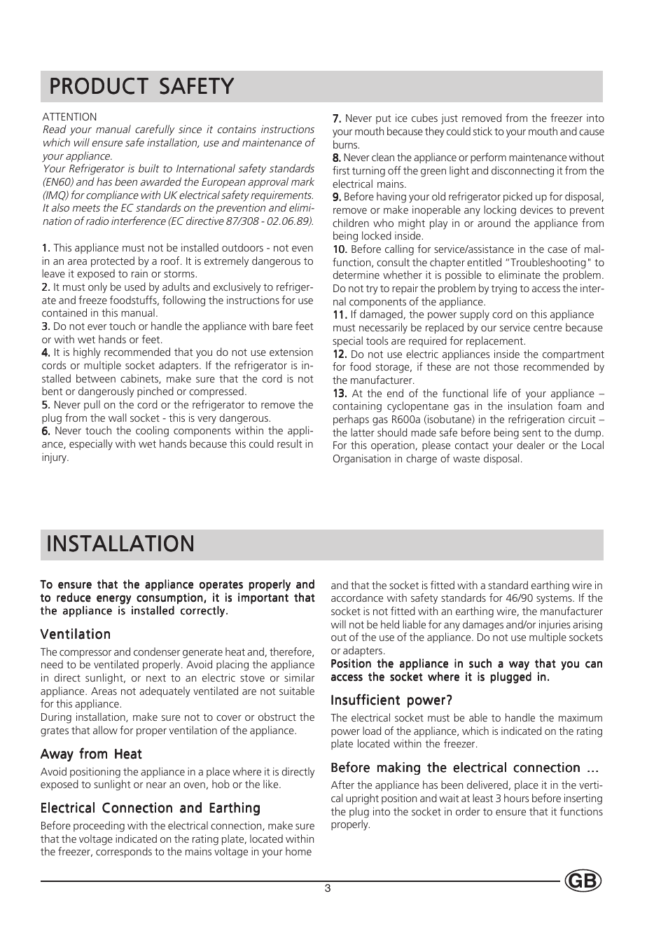 Installation, Product safety | Hotpoint HZ141 User Manual | Page 3 / 16