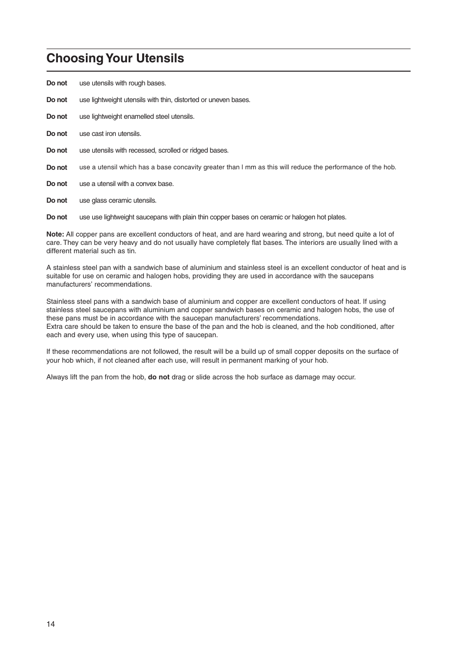 Choosing your utensils | Hotpoint EK50 EW50 User Manual | Page 14 / 28