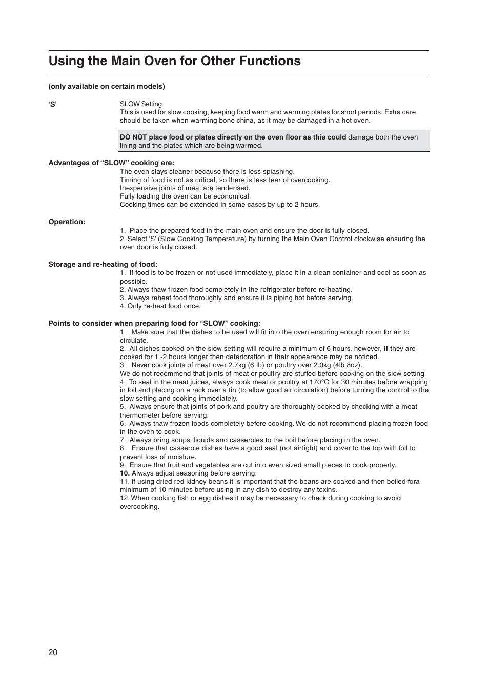 Using the main oven for other functions | Hotpoint EK50 EW50 User Manual | Page 20 / 28