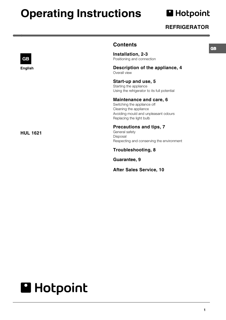 Hotpoint HUL 1621 User Manual | 12 pages