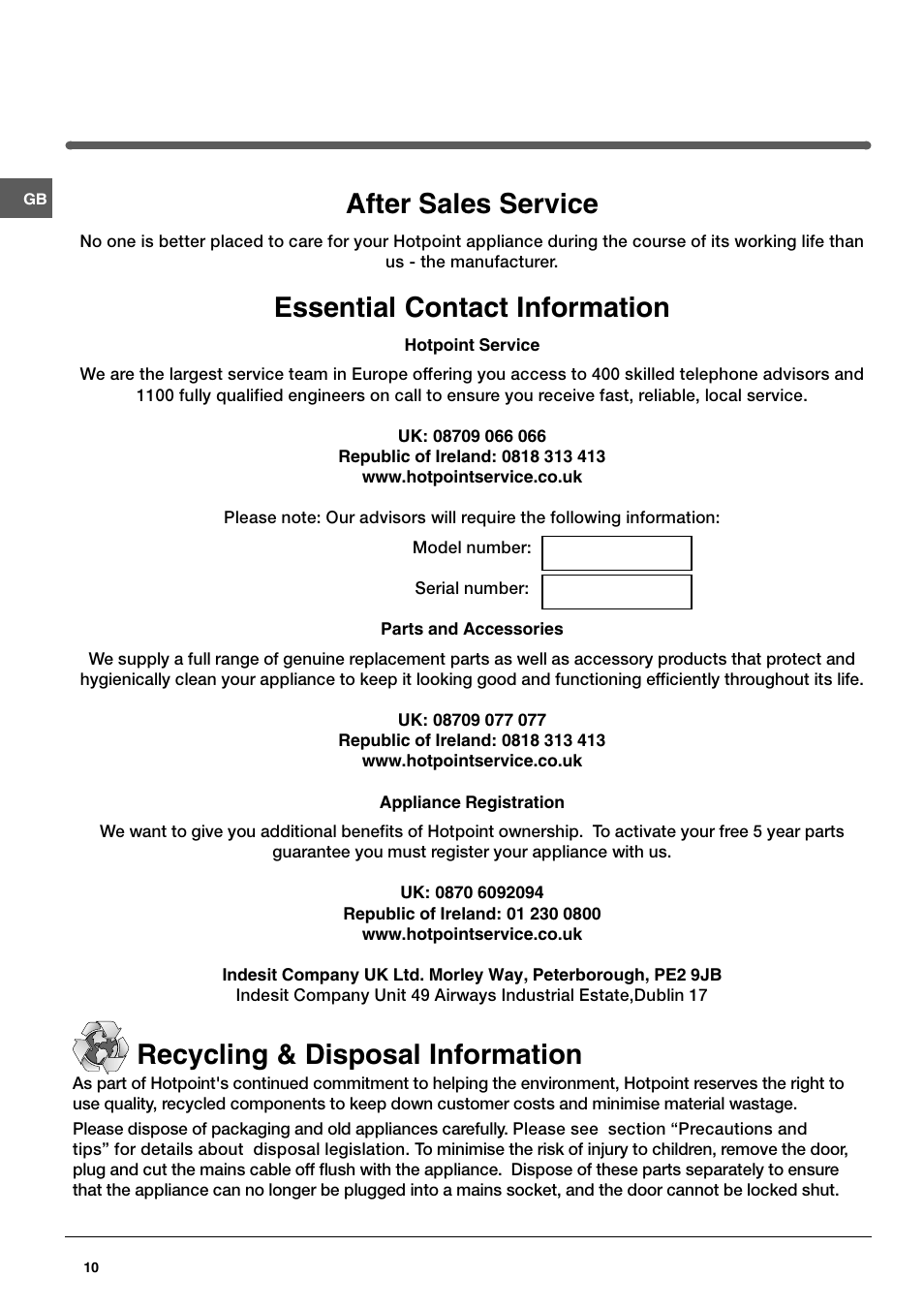 After sales service, Essential contact information, Recycling & disposal information | Hotpoint HUL 1621 User Manual | Page 10 / 12