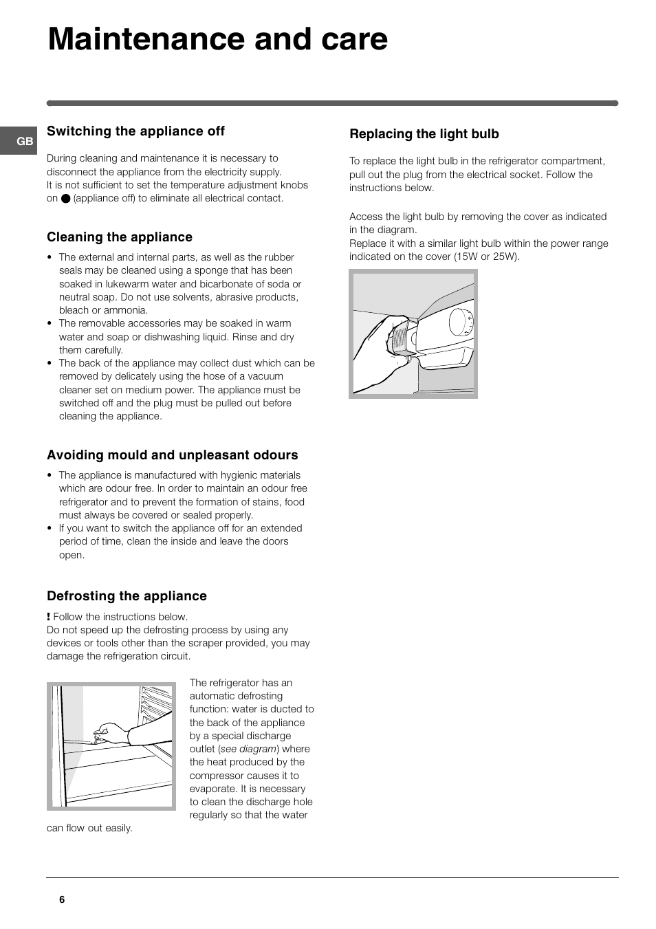 Maintenance and care | Hotpoint HUL 1621 User Manual | Page 6 / 12