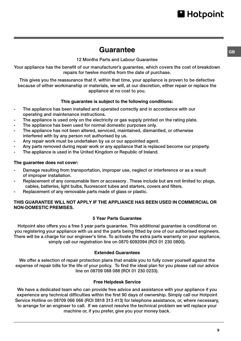 Guarantee | Hotpoint HUL 1621 User Manual | Page 9 / 12