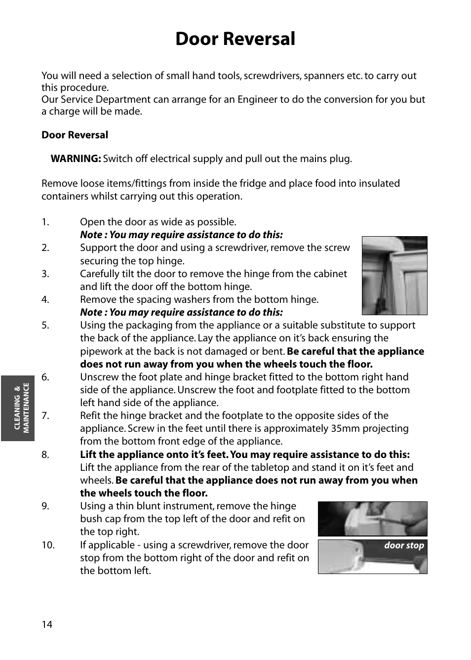 Door reversal | Hotpoint RZM64 User Manual | Page 14 / 20